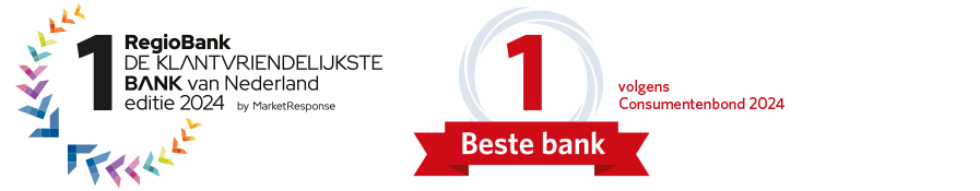 Prijsicoon: RegioBank, de klantvriendelijkste bank van Nederland, editie 2024, door MarketResponse. Prijsicoon: nummer 1 beste bank, volgens Consumentenbond 2023.